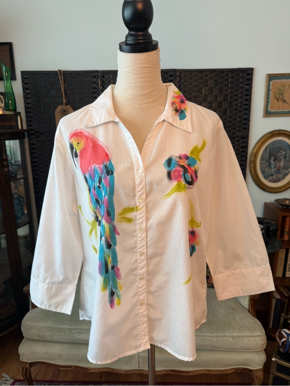 🦜🎨 Vintage J. Palmer Hand-Painted Tropical Parrot Button-Up Shirt Maui Hawaii M